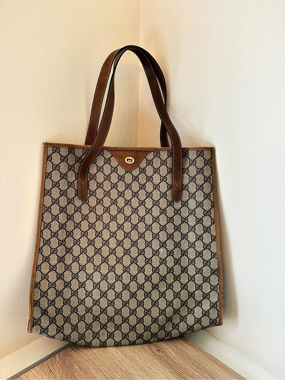 Gucci Vintage GG Monogram Canvas Tote Bag with Brown Leather Trim